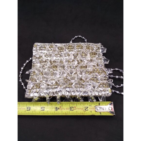 Vtg. La Regale Formal Clear Faux Crystal Bead Silver Gold sequined Hand Bag READ - Picture 5 of 10